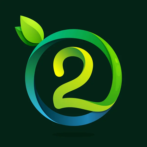 Logo numéro deux avec feuilles vertes et vagues d'eau . — Image vectorielle