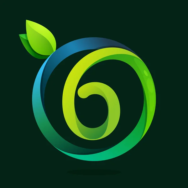 Nummer zes logo met groene bladeren en water golven. — Stockvector