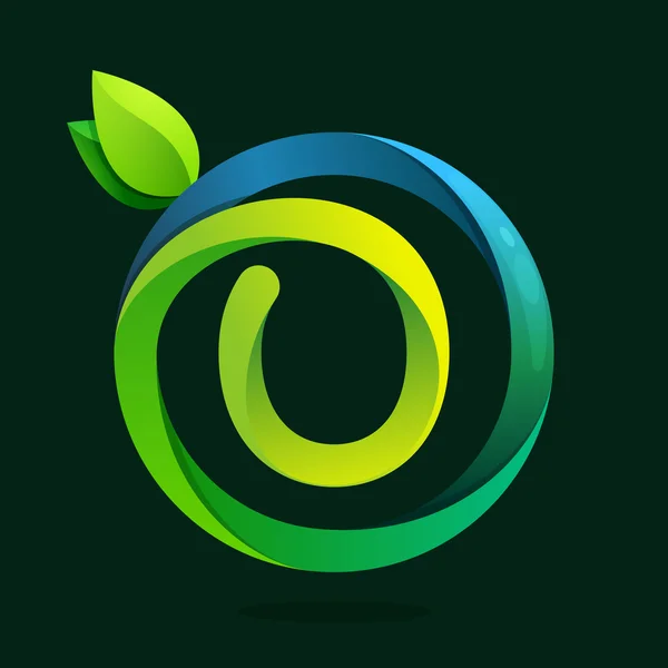 Číslo nula logo se zelenými listy a vodní vlny. — Stockový vektor