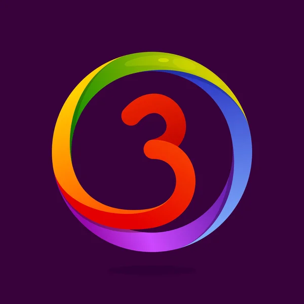 Nummer drie logo in kleurrijke cirkel. — Stockvector