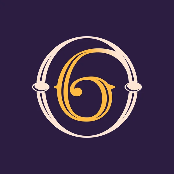 Number six logo in golden vintage circle. — Stock Vector