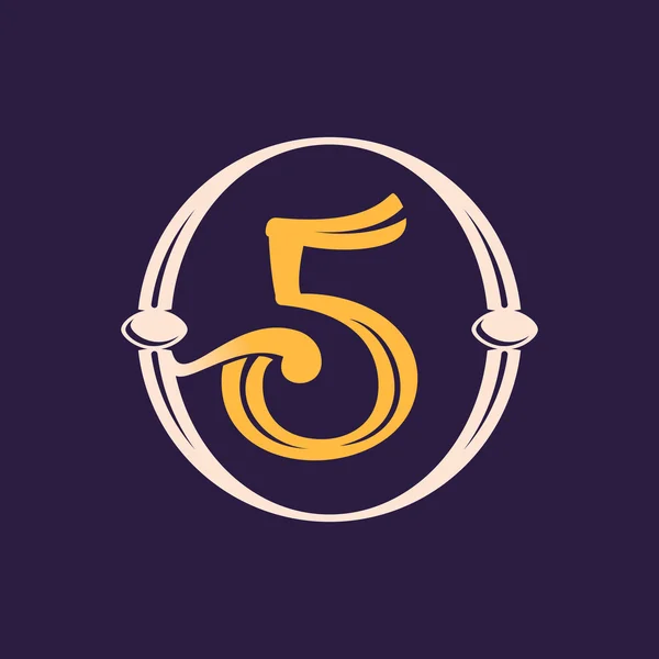 Number five logo in golden vintage circle. — Stock Vector