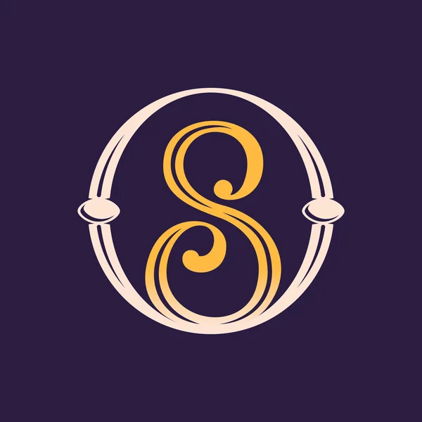 Number eight logo in golden vintage circle. — Stock Vector