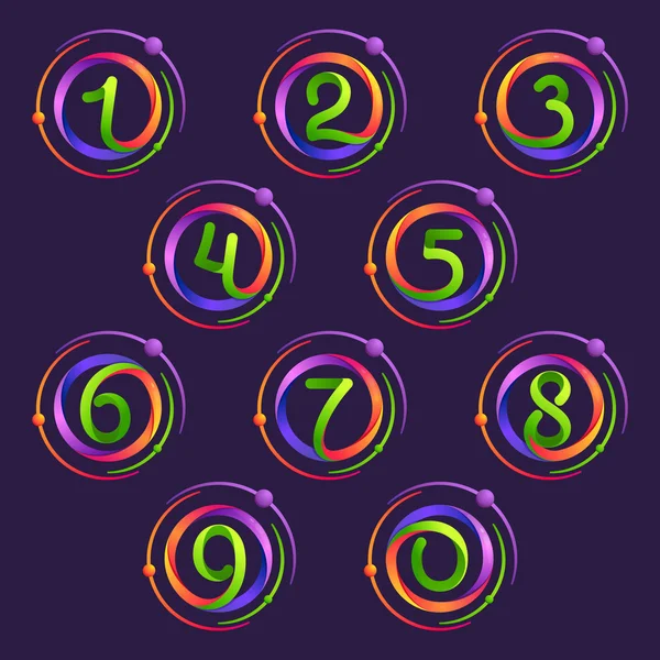 Nummers instellen logo's met atomen banen. — Stockvector