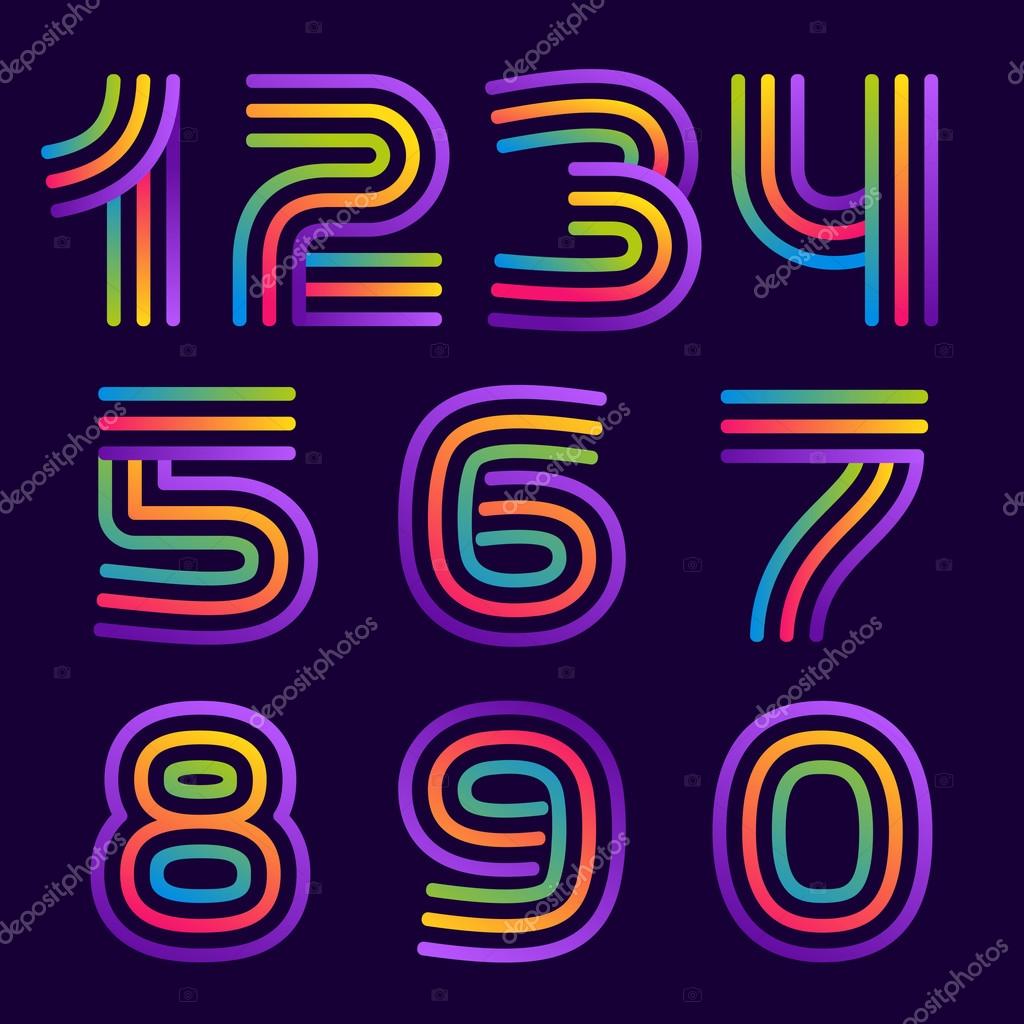 Numbers set logos with neon lines. Vector design for banner, presentation, web page, card, labels or posters.