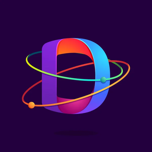 Letter D logo met atomen draait lijnen. — Stockvector