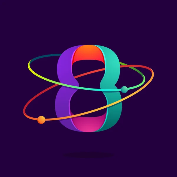 Nummer acht logo met atomen draait lijnen. — Stockvector