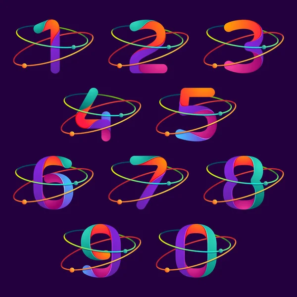 Numbers set logos with atoms orbits lines. — Stock Vector