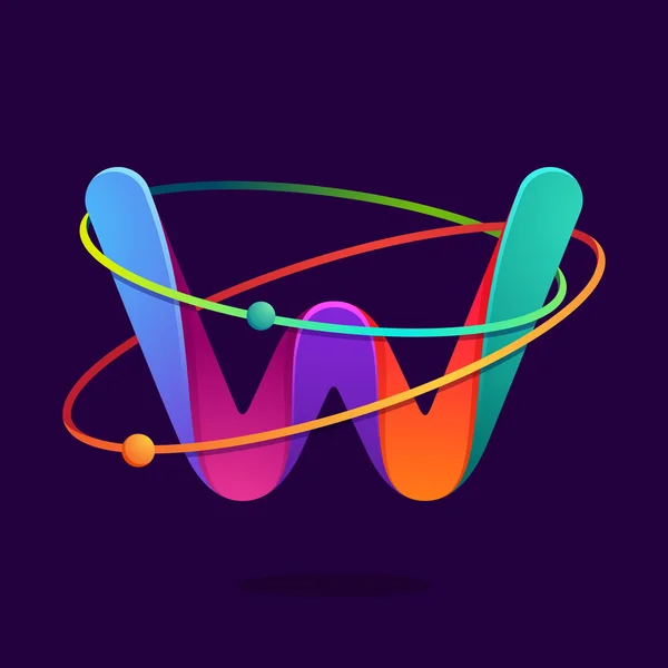 Letter W logo met atomen draait lijnen. — Stockvector