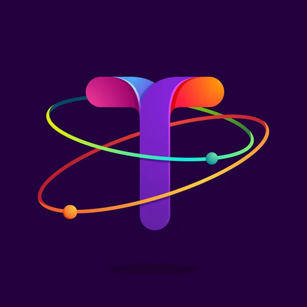 Letter T-logo met atomen draait lijnen. — Stockvector