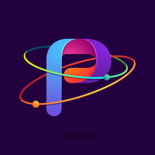 Letra P logotipo con átomos órbitas líneas . — Vector de stock
