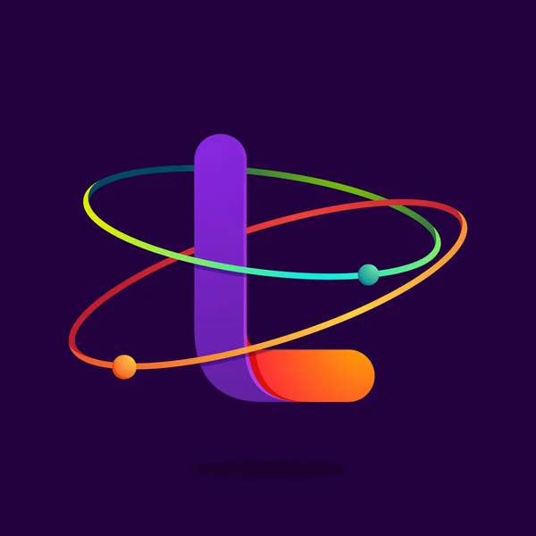 Letra L logotipo con átomos órbitas líneas . — Vector de stock