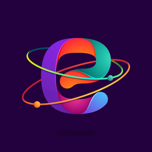 Letra E logotipo com átomos orbita linhas . — Vetor de Stock