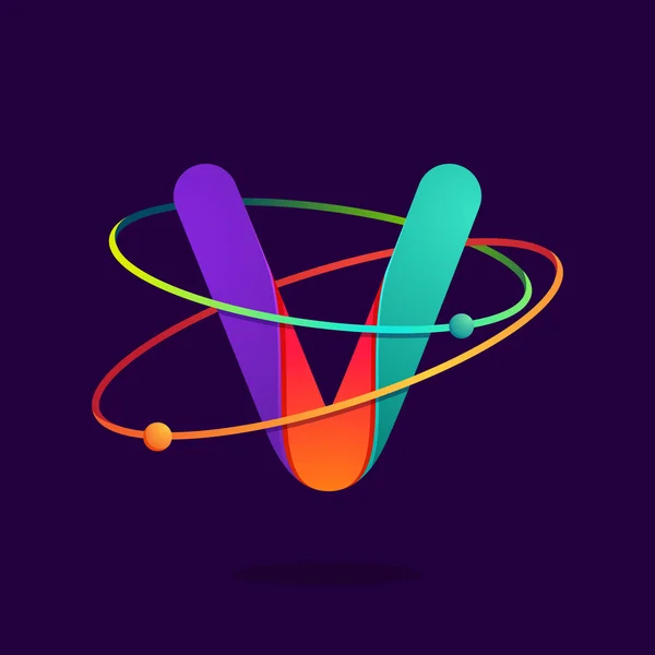 Letter V logo met atomen draait lijnen. — Stockvector