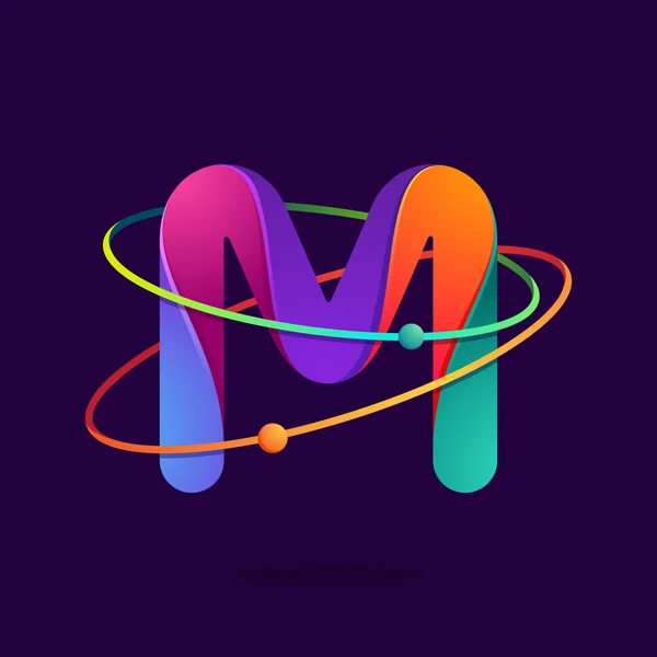 Letter M logo with atoms orbits lines. — Stock Vector