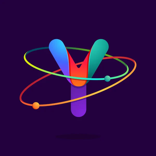 Letter Y logo met atomen draait lijnen. — Stockvector