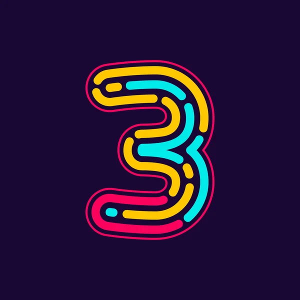 Number three logo formed by neon line or fingerprint. — Stock Vector