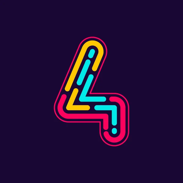 Nummer fyra logotyp bildas av neon line eller fingeravtryck. — Stock vektor