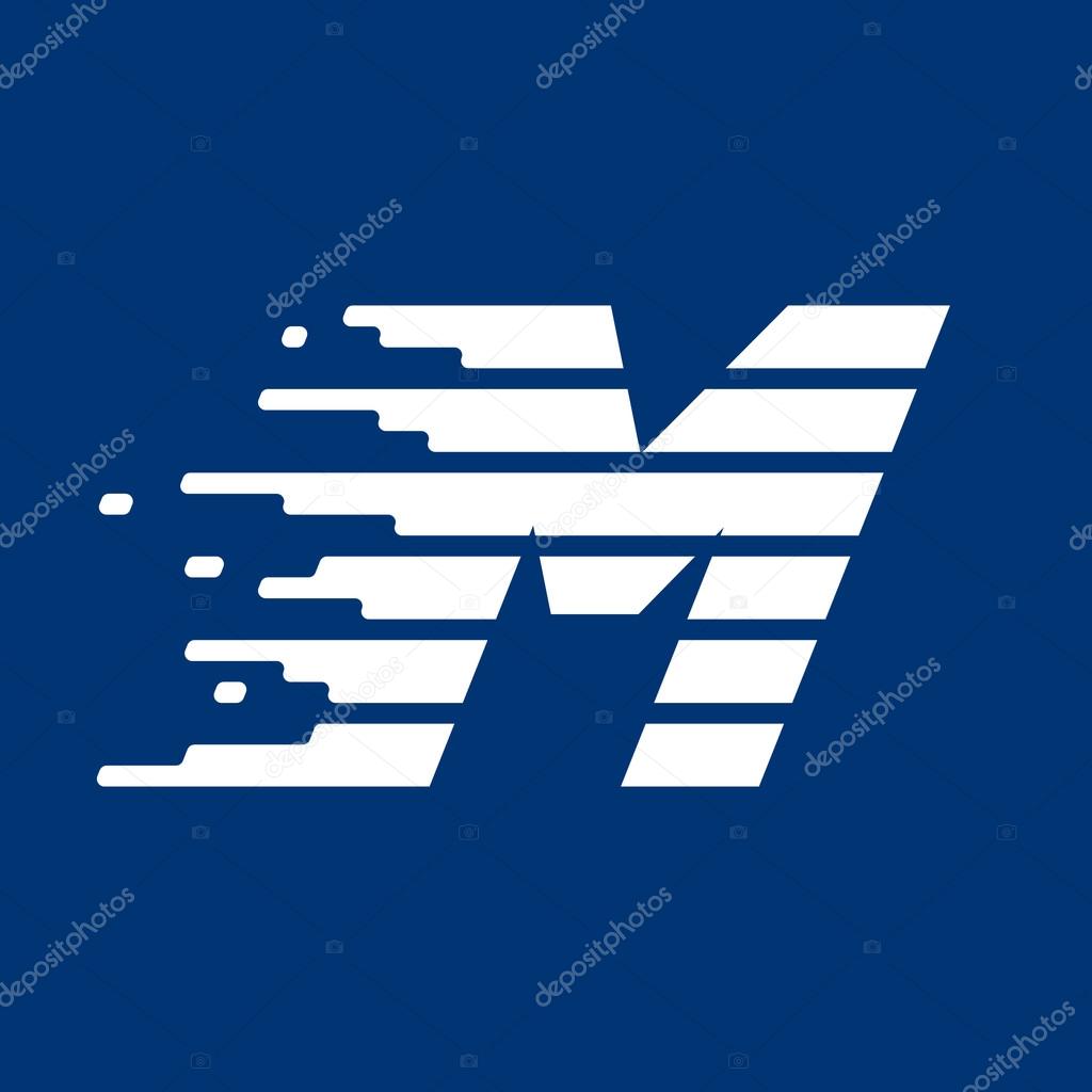 Letter M logo with fast speed lines. Vector design for sportswear, banner, card, labels or posters.