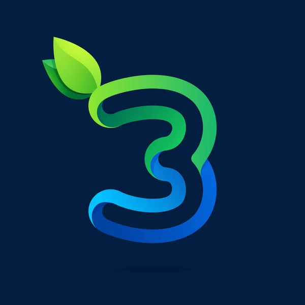 Nummer drie logo met groene bladeren. — Stockvector