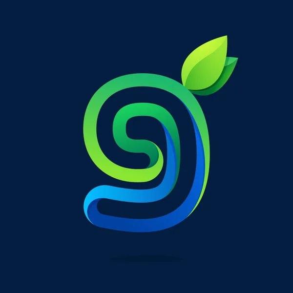 Nummer negen logo met groene bladeren. — Stockvector