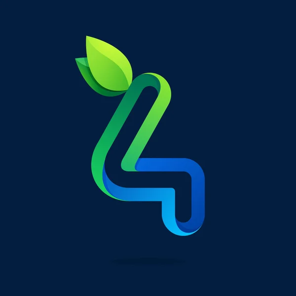Nummer vier logo met groene bladeren. — Stockvector
