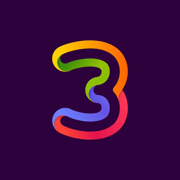 Number three logo formed by colorful neon line. — Stock Vector