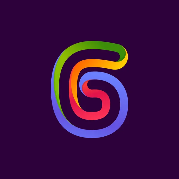 Number six logo formed by colorful neon line. — Stock Vector