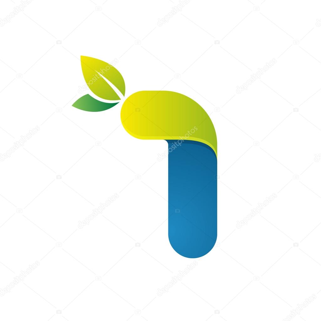 Number one logo with green leaves. Vector design for ecology company, card, labels or posters.