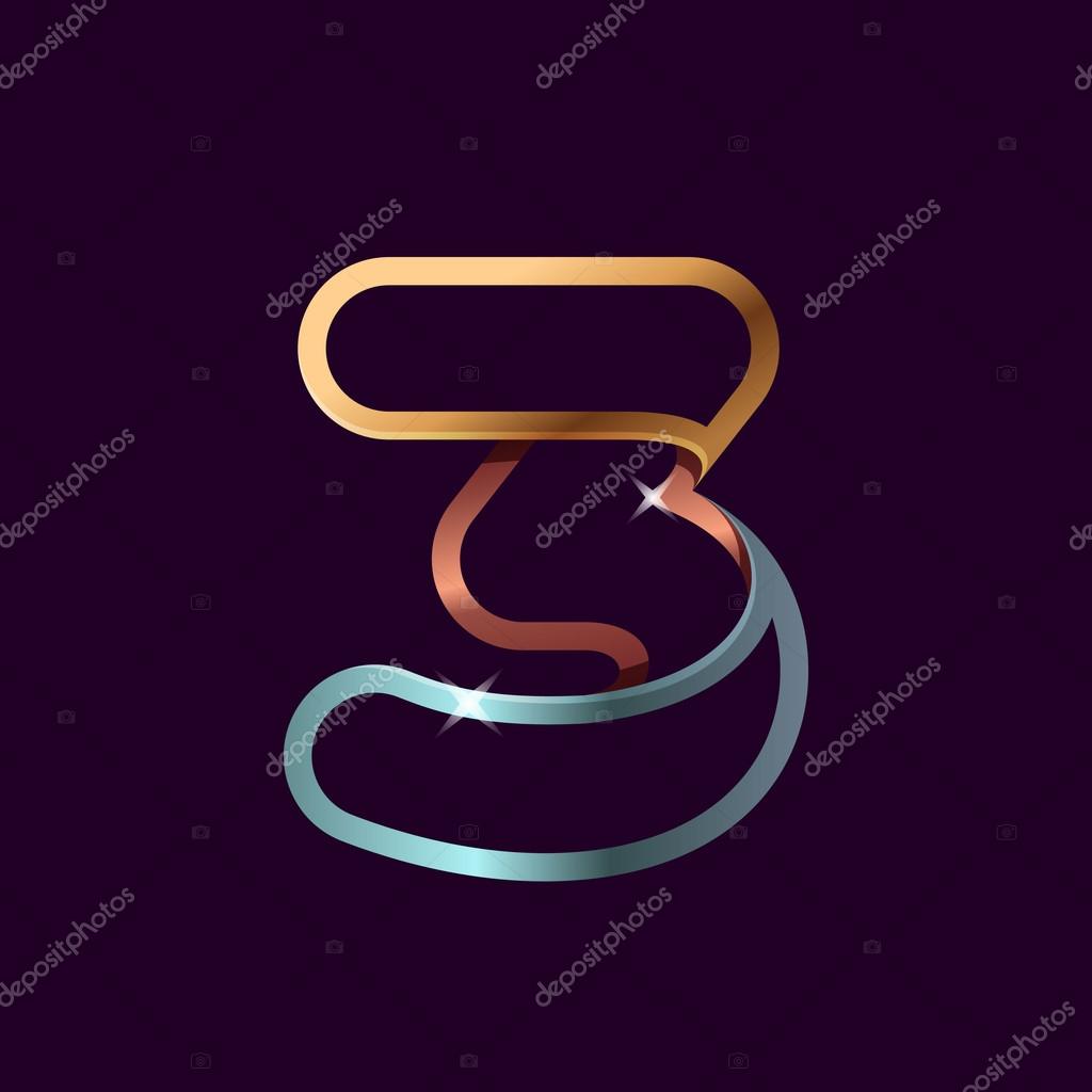 Golden line number three logo. Luxury vector design for banner, presentation, web page, card, labels or posters.