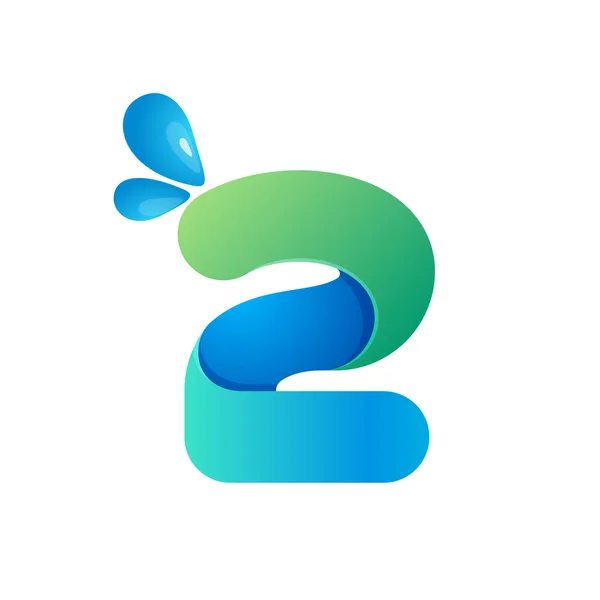 Numer dwa logo z wody, fale i krople. — Wektor stockowy