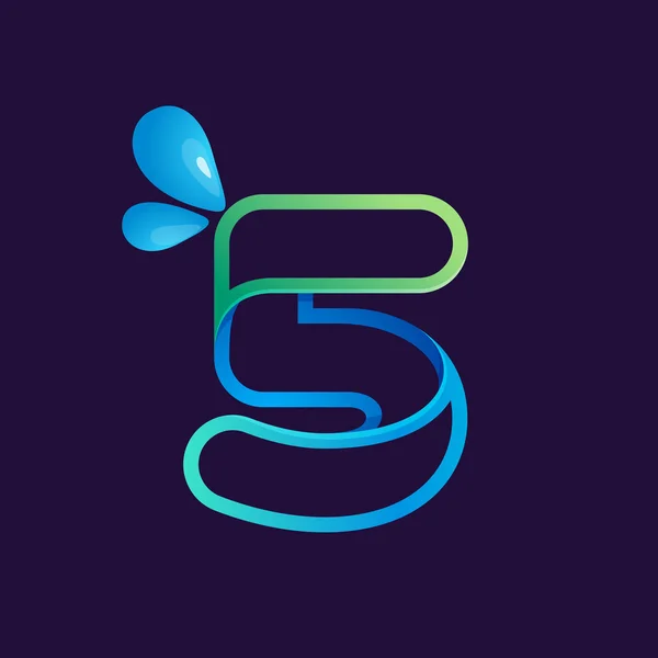 Nummer vijf logo met water golven en druppels. — Stockvector