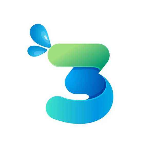 Numer trzy logo z wody, fale i krople. — Wektor stockowy