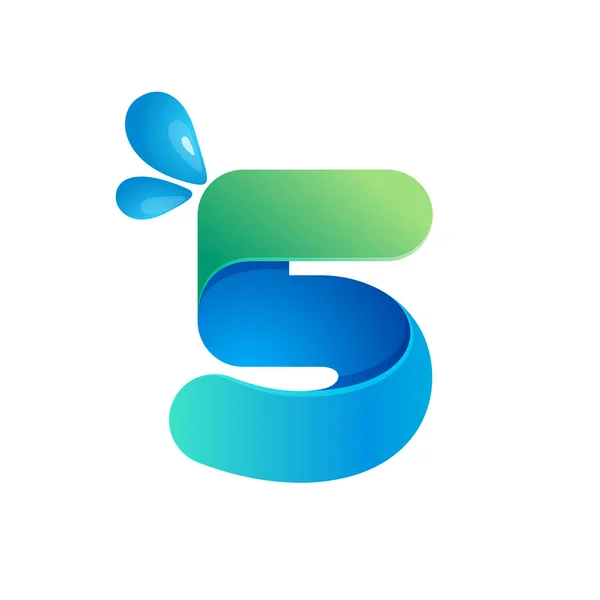 Číslo pět logo s vodní vlny a kapky. — Stockový vektor