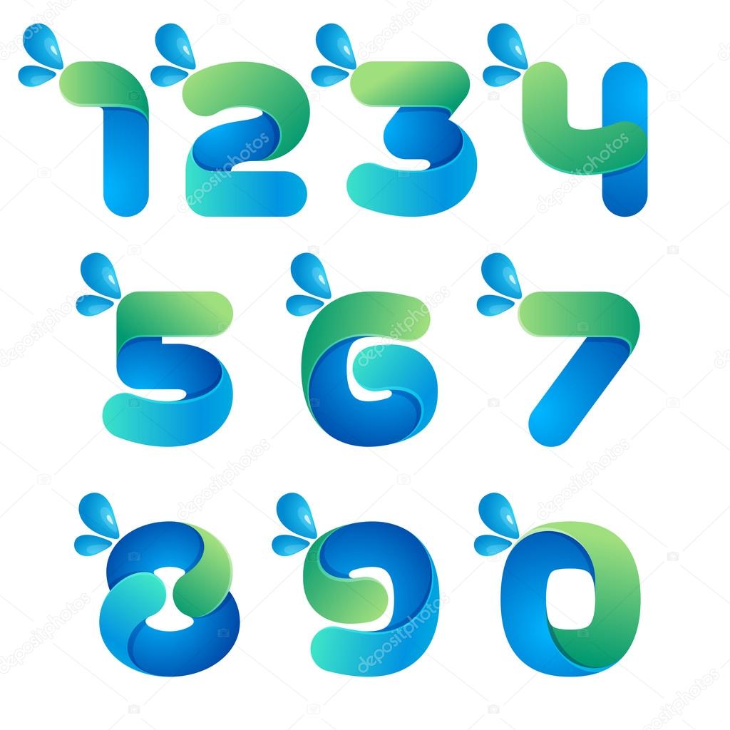 Numbers set logos with water waves and drops. Vector design for ecology company, card, labels or posters.