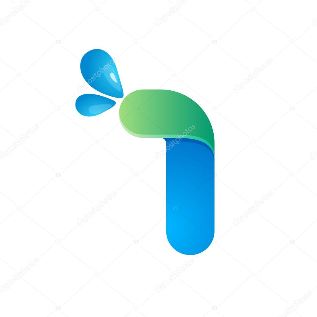 Number one logo with water waves and drops. Vector design for ecology company, card, labels or posters.