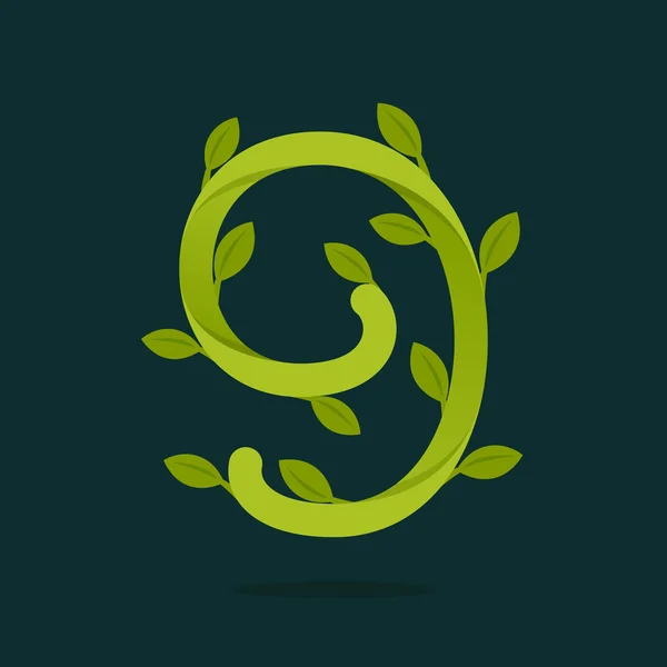 Numer dziewięć logo z zielonych liści. — Wektor stockowy