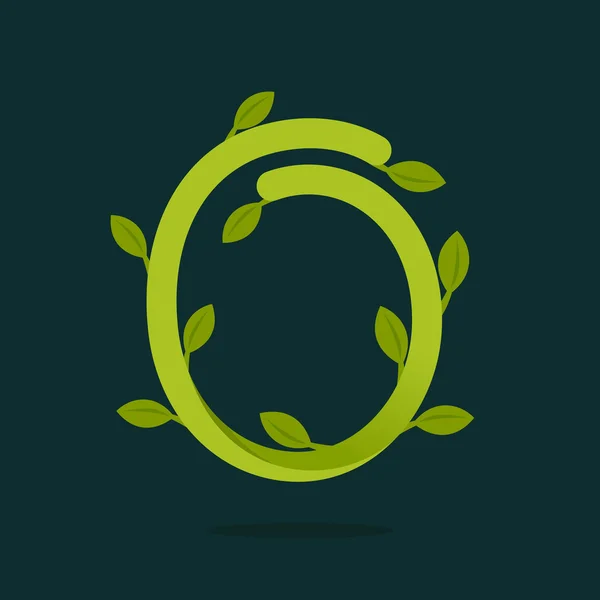 Siffran noll logotyp med gröna blad. — Stock vektor