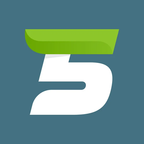 Nummer fem logotyp med hastighet gröna blad. — Stock vektor