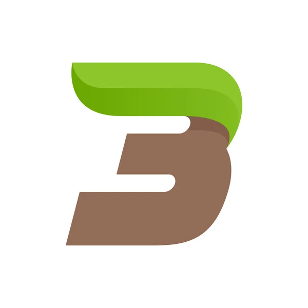 Nummer drie logo met snelheid groene bladeren. — Stockvector