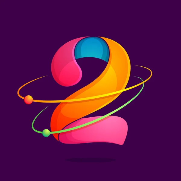 Nummer twee logo met atomen banen. — Stockvector