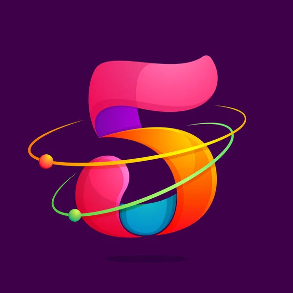 Logotipo número cinco com órbitas de átomos . — Vetor de Stock