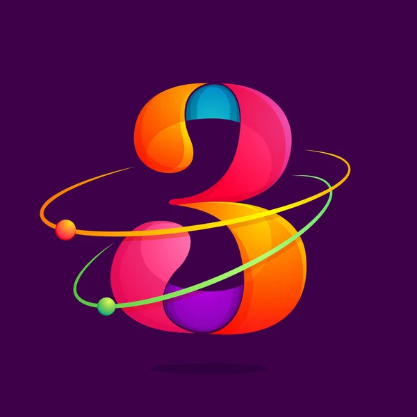 Číslo tři logo s atomy-ovály. — Stockový vektor