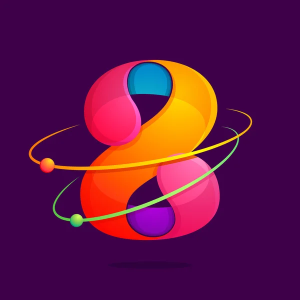 Nummer acht logo met atomen banen. — Stockvector