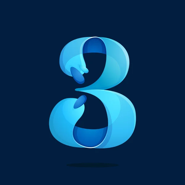 Nummer drie logo met water golven en druppels. — Stockvector