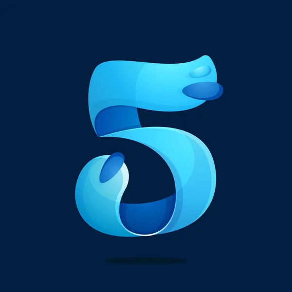 Logotipo número cinco con olas de agua y gotas . — Vector de stock