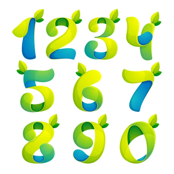 Цифры устанавливают логотипы с зелеными листьями . — стоковый вектор