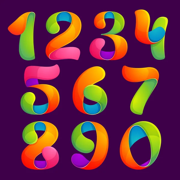Nummers instellen logo's in grappige kleurrijke stijl. — Stockvector