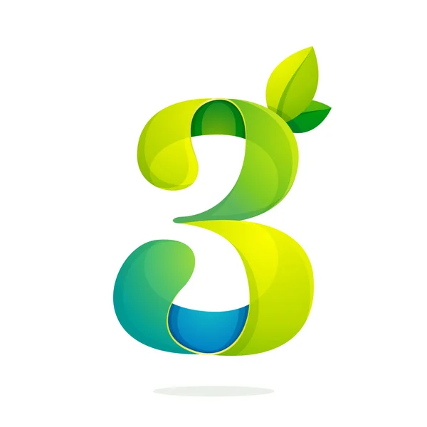 Logo numero tre con foglie verdi . — Vettoriale Stock