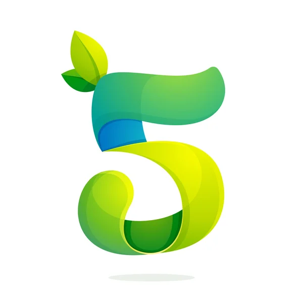 Номер п'ятий логотип з зеленим листям . — стоковий вектор